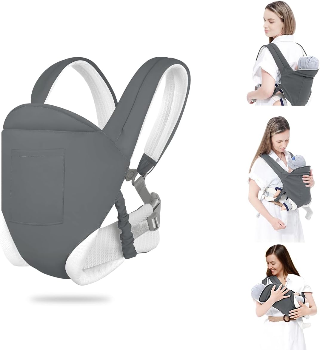 Grey Baby Carrier, Ergonomic Newborn Carrier Wrap with Hip Seat Storage Pocket, Soft Lightweight Adjustable Size Enhanced Lumbar Support Front Facing Back Sling for Toddler 3-36 Months All Seasons