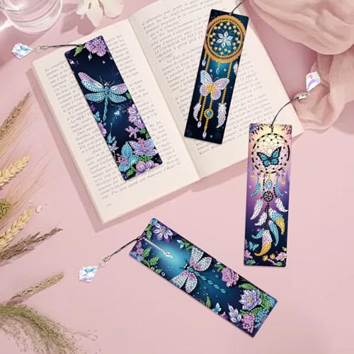 Image of 4 Pack Diamond Painting Bookmarks, 5D Dreamcatcher Butterfly Dragonfly Diamond Art Bookmark Kit with Tassels, DIY Beaded Rhinestone Book Mark Craft for Adults Beginners Reading Gift