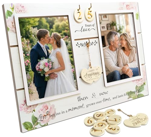 A'arkaJ 25th / 30th / 40th / 50th Anniversary Frame, Gift for Couple, Parents, Husband and Wife, 1-99 Years Then & Now Picture Frame, Wedding Keepsake with Number Inserts