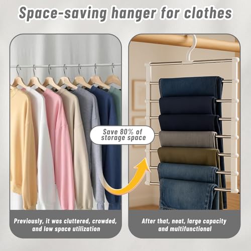 Hosenbügel platzsparend & Kleiderbügel platzsparend, 3 Stück 7-in-1 Hosenträger aus Edelstahl & Kunststoff, stabile Faltbare Kleiderbügel Hosen für Jeans, Schals und Schrank-Organisation, Weiß