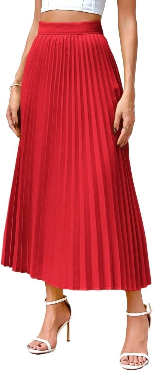 Women's Long Skirts Solid Color Casual Pleated Skirt High Waist Club Skirt, Medium, Red