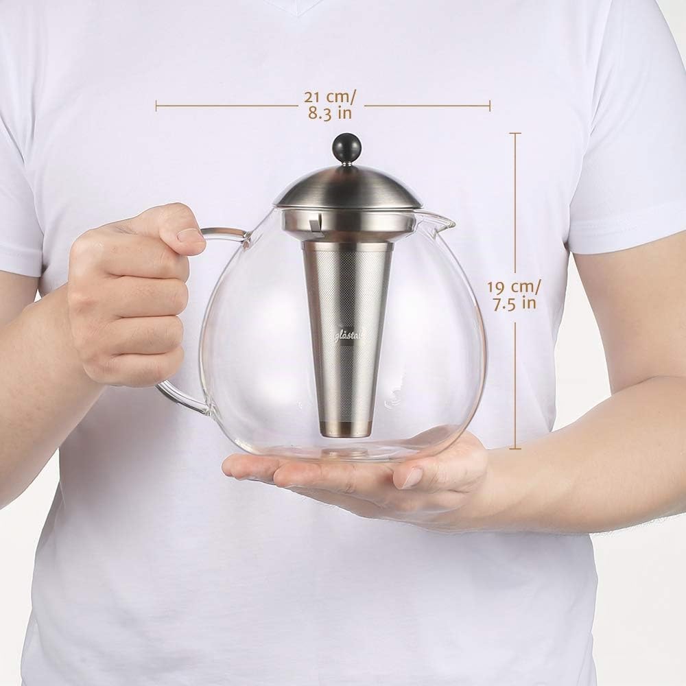 glastal Glas Silberne Teekanne 2000ml mit 18/8 Edelstahl Teesieb Borosilicate Glas Teebereiter auf Stove Glaskanne mit Entfernbar Seibskanne mit Entfernbar Seib