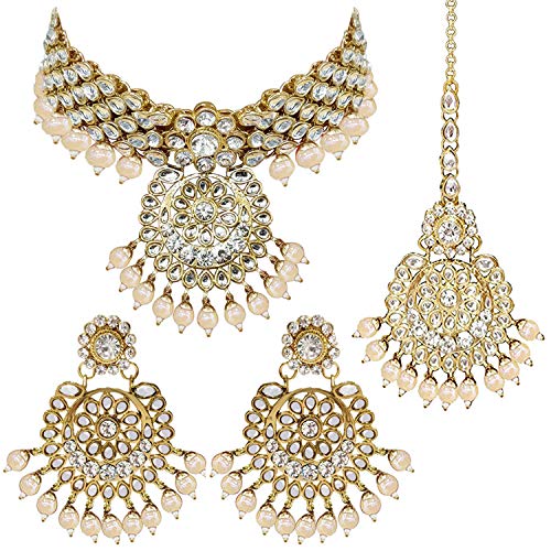 Aheli Elegant Wedding Party Wear Faux Kundan Studded Short Necklace Earrings with Maang Tikka Set Indian Ethnic Bollywood Fashion Jewelry for Women Aheli Elegant Wedding Party Wear Faux Kundan Studded Short Necklace Earrings with Maang Tikka Set Indian Ethnic Bollywood Fashion Jewelry for Women
