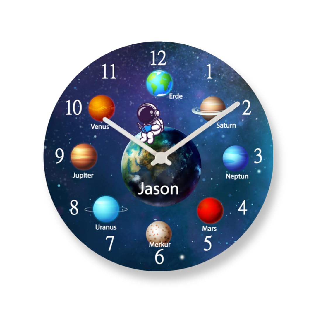 Kinderwanduhr Planeten Astronaut Universum Lernuhr Wanduhr personalisiert Namen Schulanfang Weltall