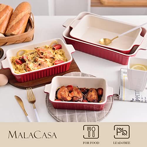 MALACASA, Series Bake, Rectangular Baking Dish Set of 4 (9"/11"/12"/13.3"), Oven to Table Baking Dish with Ceramic Handles Ideal for Lasagne/Pie/Casserole/Tapas, Red