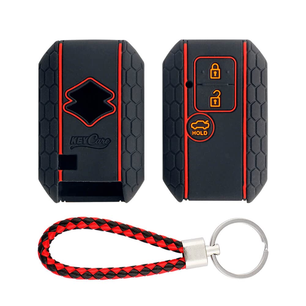 Keycare® Silicone Key Cover Compatible for Victoris, Ertiga, Swift, DZire 3 Button Smart Key (Push Button Start Models only) (KC Mini Red/Black Keyring)