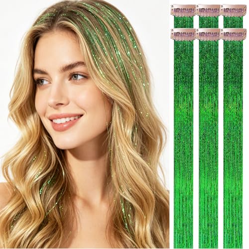 HANDWIG Olive Green Clip in Hair Tinsel 24 Inch 75 Strands Heat Resistant Glitter Hair Extensions 6 Packs Fairy Hair for St. Patricks Day Music Festival Outdoor Fall