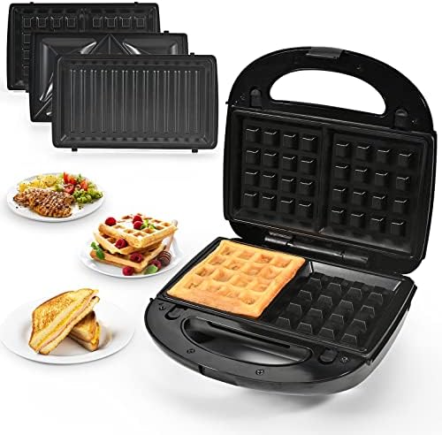 3 in 1 Sandwich Maker, Portable Waffle Iron Maker, Electric Panini Press with Removable Non-Stick Plates LED Indicator Lights, Cool Touch Handle for Breakfast Toaster, Grilled Cheese Bacon and Steak
