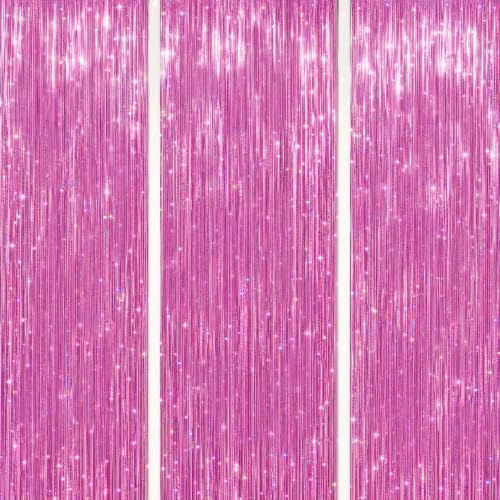 DECOCKRAT 3 Pack Foil Fringe Backdrop - Laser Pink Shiny Tinsel Curtains for Party Decoration/Photo Booth Props - 3.3x8.2 FT Metallic Foil Backdrop for Birthday, Wedding, Graduation, Christmas.