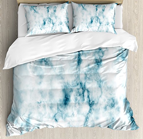 Ambesonne Nature Duvet Cover Set, Fluffy Cloud Skyline Like Marble Motif Grunge And Retro Features Art Print, Decorative 3 Piece Bedding Set With 2 Pillow Shams, Queen Size, White Turquoise #TOP30