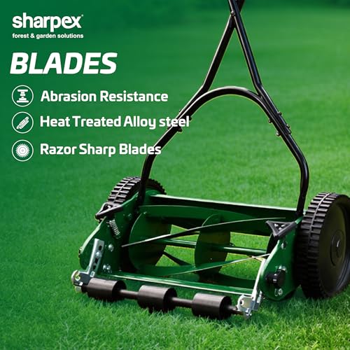 Image of Sharpex 12 inch Manual Push Lawn Mower for Home Garden | 17-33mm Grass Cutting Range | 5 Height Adjustment Positions | Suitable for up to 400 sq ft | Without Grass Catcher | Made in India | Green