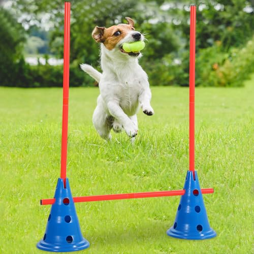 Glimin Dog Agility Hurdle Cone Set Dog Agility Course Backyard Set Include 12 Agility Cones 6 Agility Rods Training Equipment Adjustable Obstacle Training for Pet Outdoor Games(Blue, Orange)