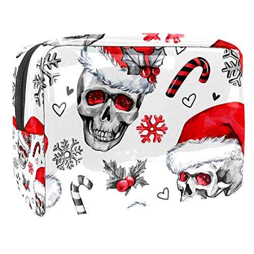 Preisvergleich Produktbild Sketchy Kosmetiktasche mit Totenköpfen in Weihnachtsmütze, Schneefalke-Blättern, Aquarell-Muster, große Kulturbeutel, praktische Make-up-Tasche, Handgelenk-Organizer