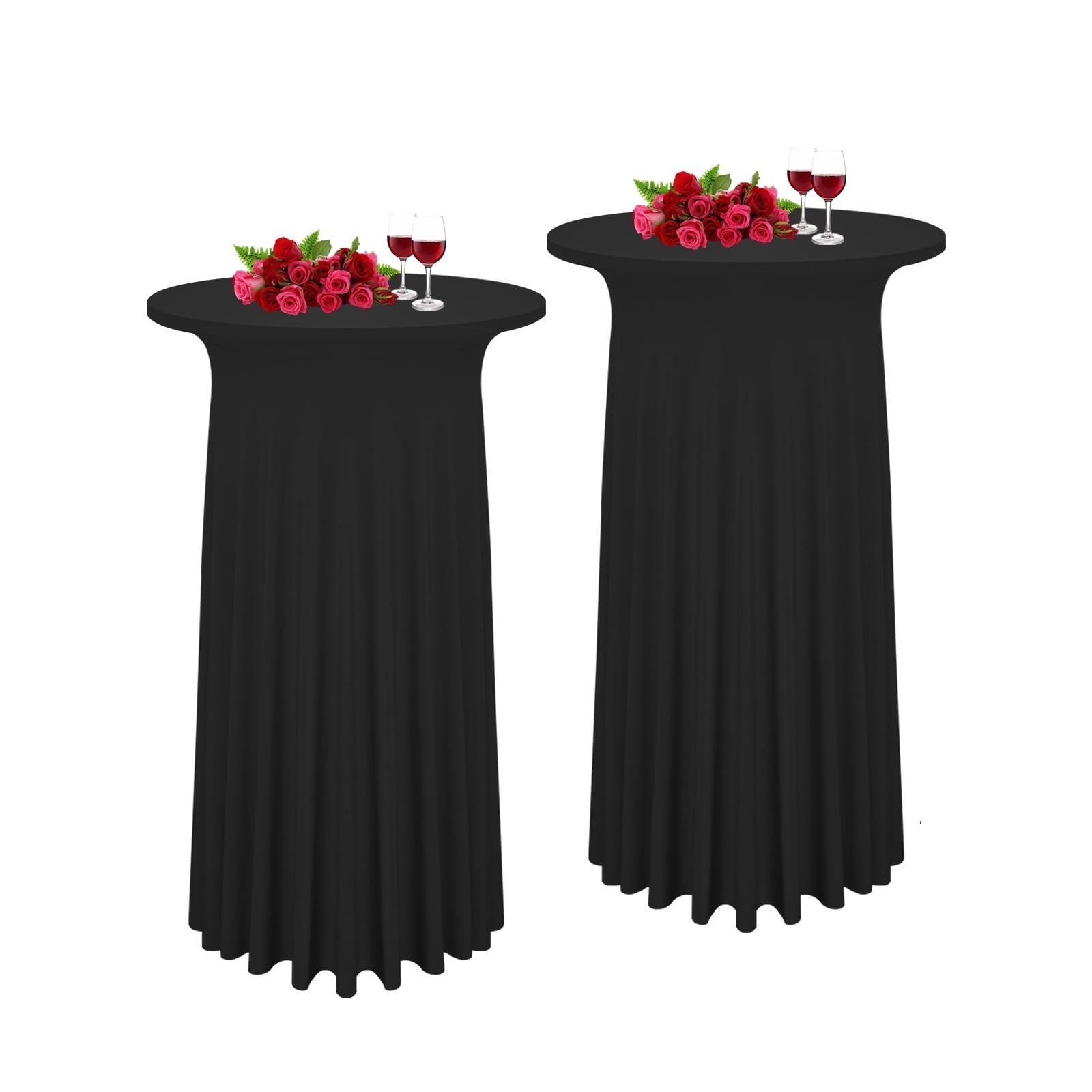 Couverture table ronde extensible noire housse de mange-debout drapée pour événement et cocktail