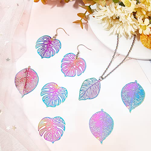 DICOSMETIC 42pcs 3 Styles 201 Stainless Steel Filigree Monstera Leaf Pendants Tropical Leaf Pendants Rainbow Color Plant Charms for Jewelery Making,0.3mm thick - Image 3