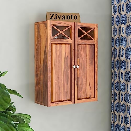 Image of Solid Sheesham Wood Kitchen Cabinet for Home | Wall Mounted Kitchen Rack with Storage | Wooden Organizer with 2 Door Cabinet Storage Honey Finish