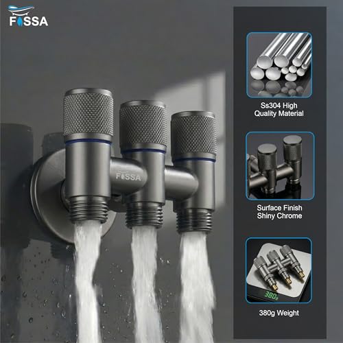 Image of Fossa Curio 1-Year Warrant 3 - Way Stainless Steel Laundry Washing Machine Faucet | Water Spigot with Handle | Multi-Use Hose Connector Tap | Angle Valve Grey Matte Finish (with Nozzle)