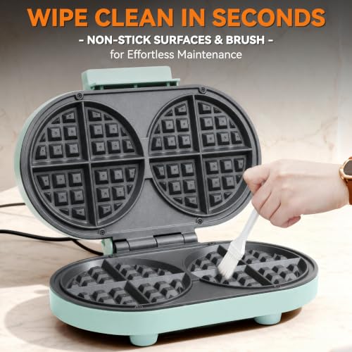 Image of Baker's Friend Double Belgian Waffle Maker Thick, 2 X 6 inch Round Waffle Maker, Belgium Waffle Iron, Waflera Electrica with Non-stick Plates, 1200W, Perfect for Kids & Family Breakfast, Aqua