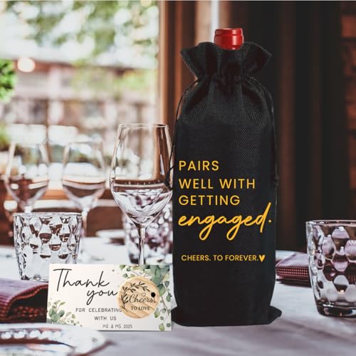 Image of Engaged Gifts Engagement Gifts for Couples Her Engagement Party Decorations | Bridal Shower Decorations Wine Gift Bag Cheers To Forever Wine Bag with Thank You Card And Stopper