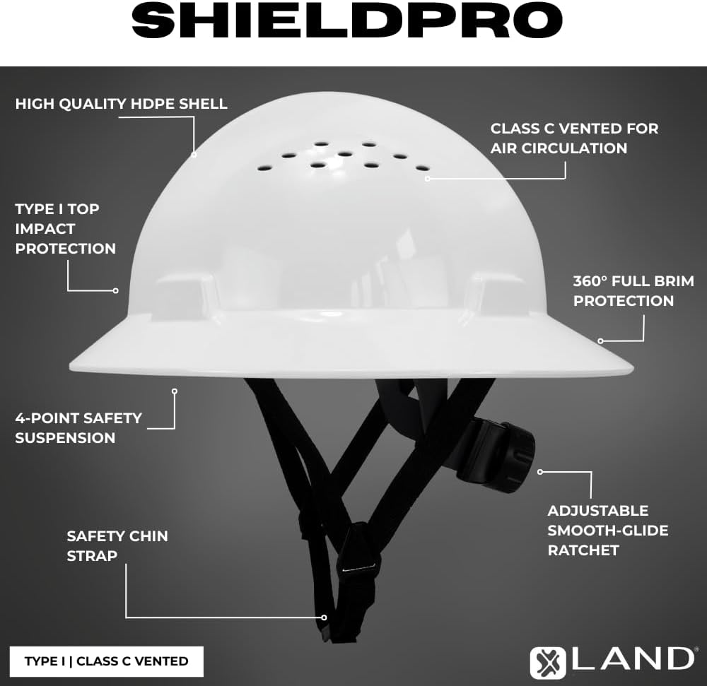 Land Helmets ShieldPro Full Brim Safety Helmet - Type I Class C & E Full Brim Hard Hat - 4 Point Suspension - OSHA & ANSI Z89.1 Compliant Construction Helmet