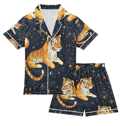 Satin Pajama Sets Short Sleeve Tiger Space Stars Planets Button Down Silky Nightwear 2 Piece PJS 5-14Y