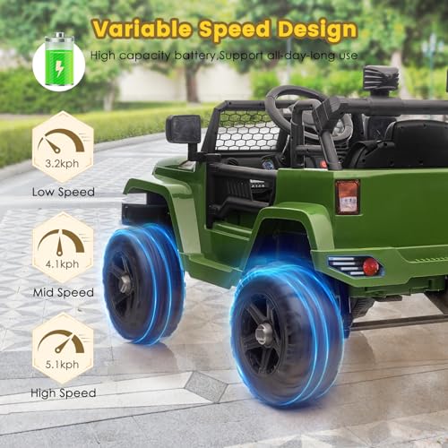 12-V-Elektroauto,Fernbedienung für Eltern, Zwei 35-W-Motoren, 5.2km/h Höchstgeschwindigkeit, zu öffnende Türen, Musik-Player, 4 Räder, Federung, LED-Beleuchtung, Sicherheitsgurt(Grün) – Bild 6