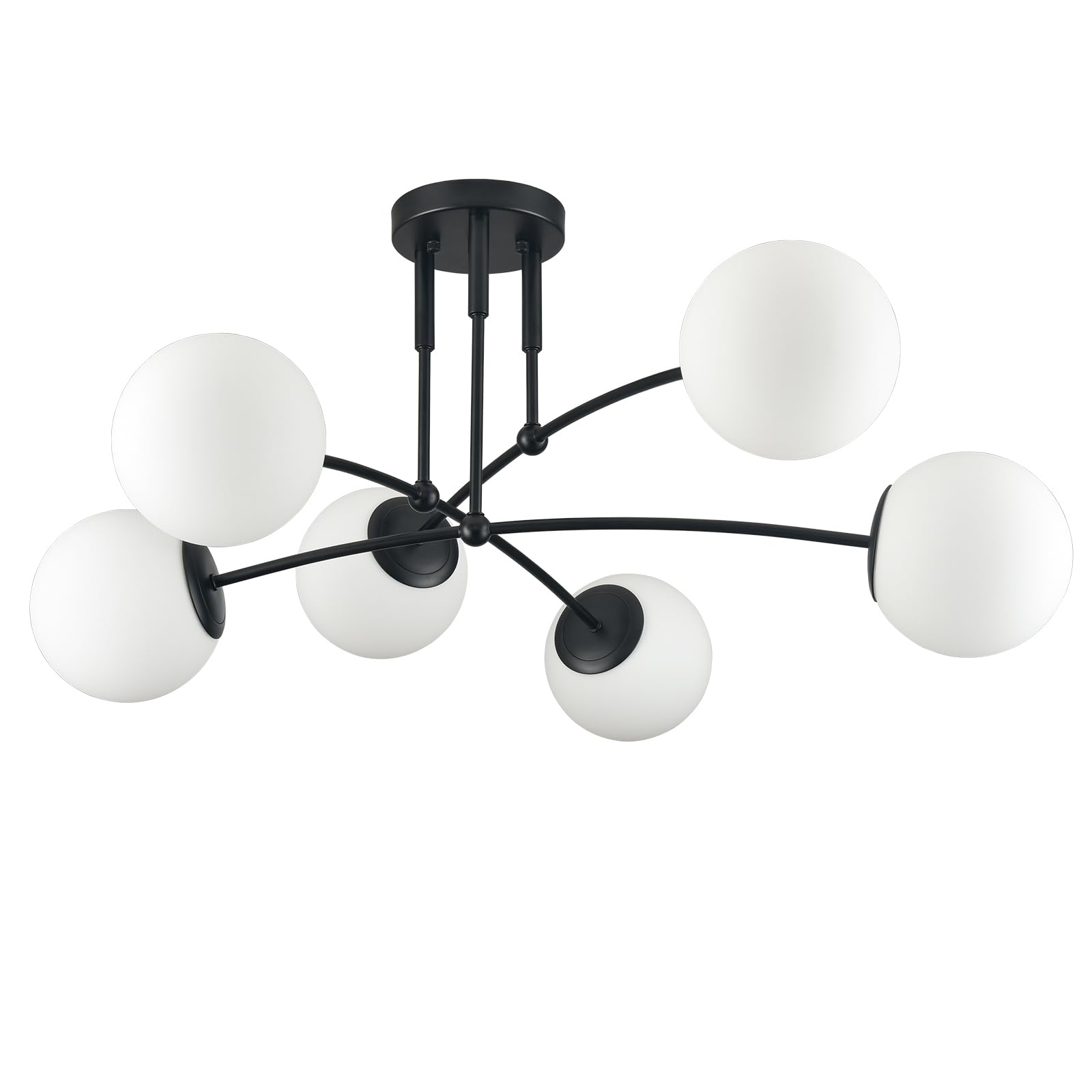 CLAXYSemi Flush Mount Ceiling Light 6-Light Black Ceiling Light Fixture with Opal Glass Globe Sputnik Chandelier for Bedroom Dining Room Living Room