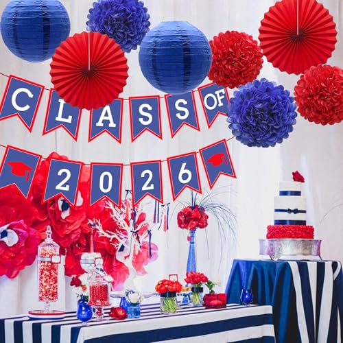 Image of Blue Red Graduation Party Decoration Class Banner Hanging Pom Poms Flowers High School College Grad Supplies
