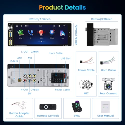 Fuluku 1 Din radio samochodowe z bezprzewodowym Carplay Android Auto, 6,9 cala HD ekran dotykowy radio z Bluetooth/USB/FM/RDS/EQ/Mirror Link/kamera cofania/SWC/MIC