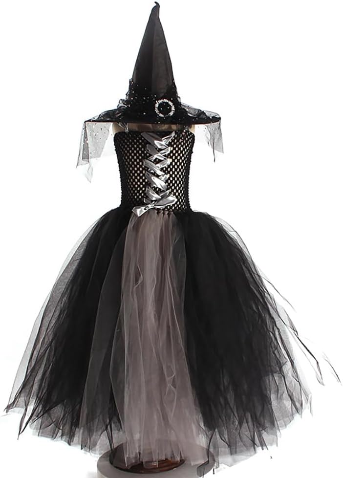 IBAKOM Girls' Bat Sleeve Witch Hat Broom Scary Witch Dress Toddler Halloween Cosplay Outfit - Image 6