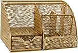 Martha Stewart Ryder Gold Mesh Metal Small Desktop Organizer for Office Accessories, Notebooks, Pen Holder and Drawer