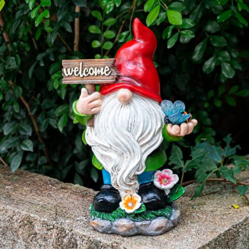 Ovewios Garden Gnomes Statue With Solar Lights, Large Garden Gnome Outdoor Funny Figurines Holding Welcome Sign And Bee Garden Decor For Outside Patio Yard Lawn Sculpture Ornament Gifts #TOP5