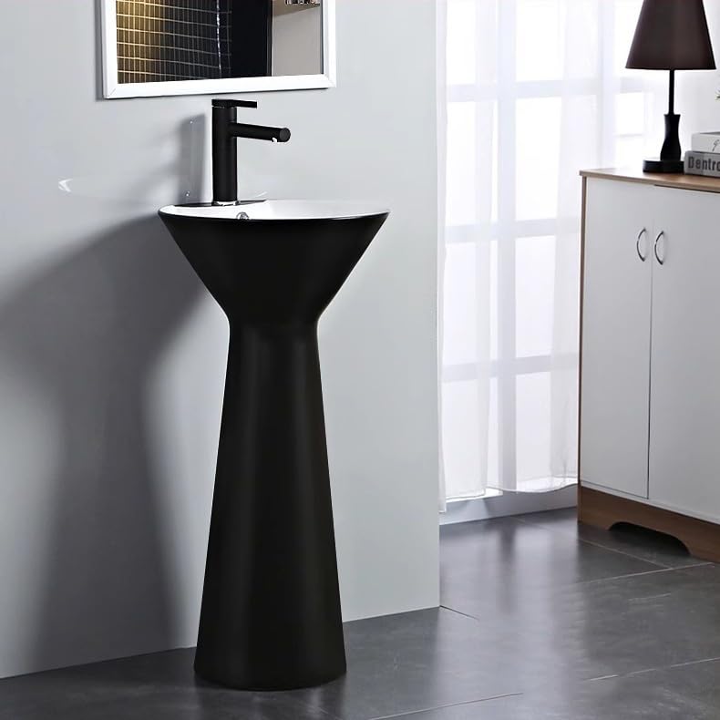 Lavabo Fregadero De Pie Fregadero de pedestal minimalista moderno, lavabo de columna de cerámica mate, lavabo de tocador de pie de piso de baño de una pieza con kit de drenaje y grifo Fregadero indepe