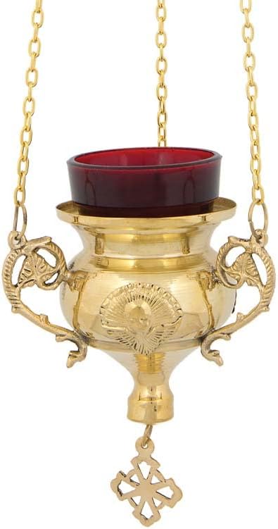 Miniatura 1 de Lámpara de aceite de vigilia votiva colgante de bronce cristiano griego ortodoxo con cadena y vidrio rojo - 237b