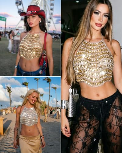 Image of AIBEARTY Women's Sexy Multi-Layer Metal Chain Crop Tops Hollow Out Halter Backless Tassel Camisoles for Rave Party Club