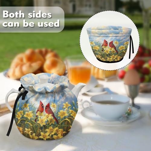 Image of Xoenoiee Cardinal Bird Yellow Lily Flower Print Tea Pot Cosy Cotton Tea Cozy for Teapots Dust Cover Insulated Kettle Cover Teapot Warmer for Home Kitchen Decorative Accessories