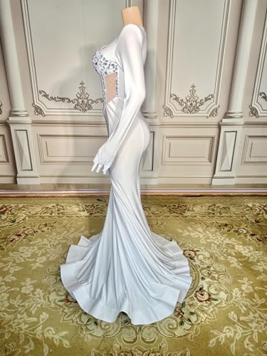 White Satin Crystals Mermaid Prom Evening Wedding Party Dress Celebrity Pageant Wedding Guest Gown Bridal Gown3