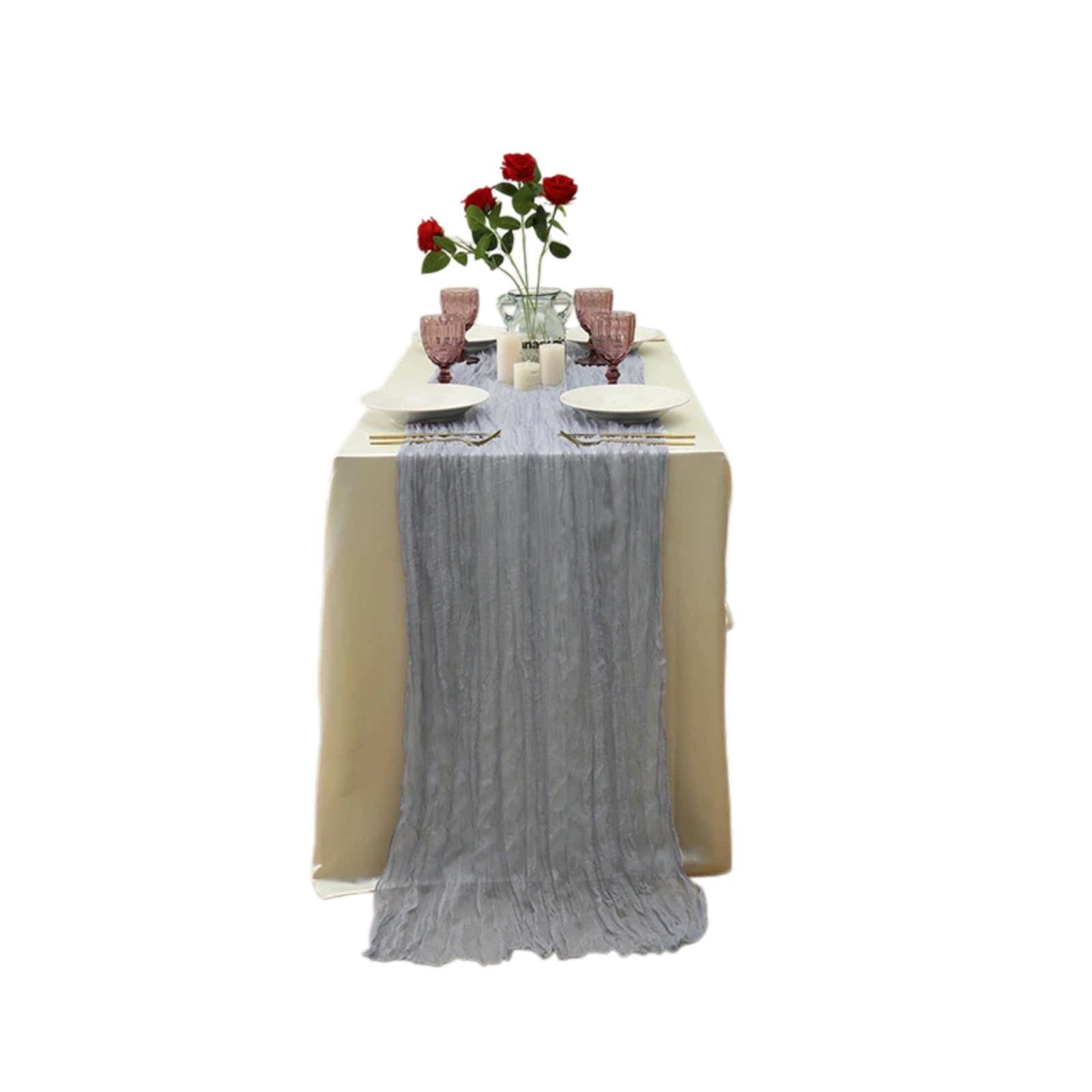 Crinkled Sheer Gauze Table Runner, Semi Transparent Boho Cheesecloth Table Runner for Wedding Birthday Dinner Party Bridal Shower Restaurant Table Decor