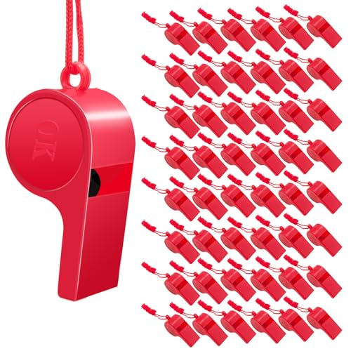 48 silbatos plásticos con cordón para emergencia rojo
