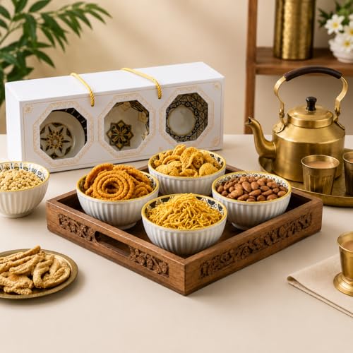 Image of Japanese Style Ceramic Bowl Set of 6 with Gift Box | 300ml Snack Dessert Soup Bowls, Ribbed White Bowls with Handcrafted Patterns, Microwave & Dishwasher Safe (Golden Eclipse)