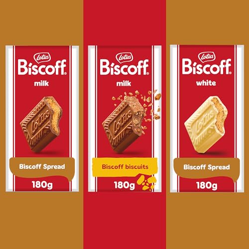 Lotus Biscoff Chocolate Bar 3 x 180g - Milk Biscoff Spread Milk Biscoff Biscuit White Biscoff Spread. Biscoff Bar 2 x Milk Chocolate and 1 x White Chocolate.