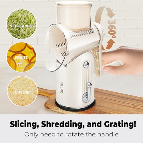 5 in 1 Rotary Cheese Grater, Beige Hand Crank Vegetable Cutter with 5 Stainless Steel Interchangeable Blades, Mandoline Slicer for Potatoes Onions Veggies Nuts — view 3