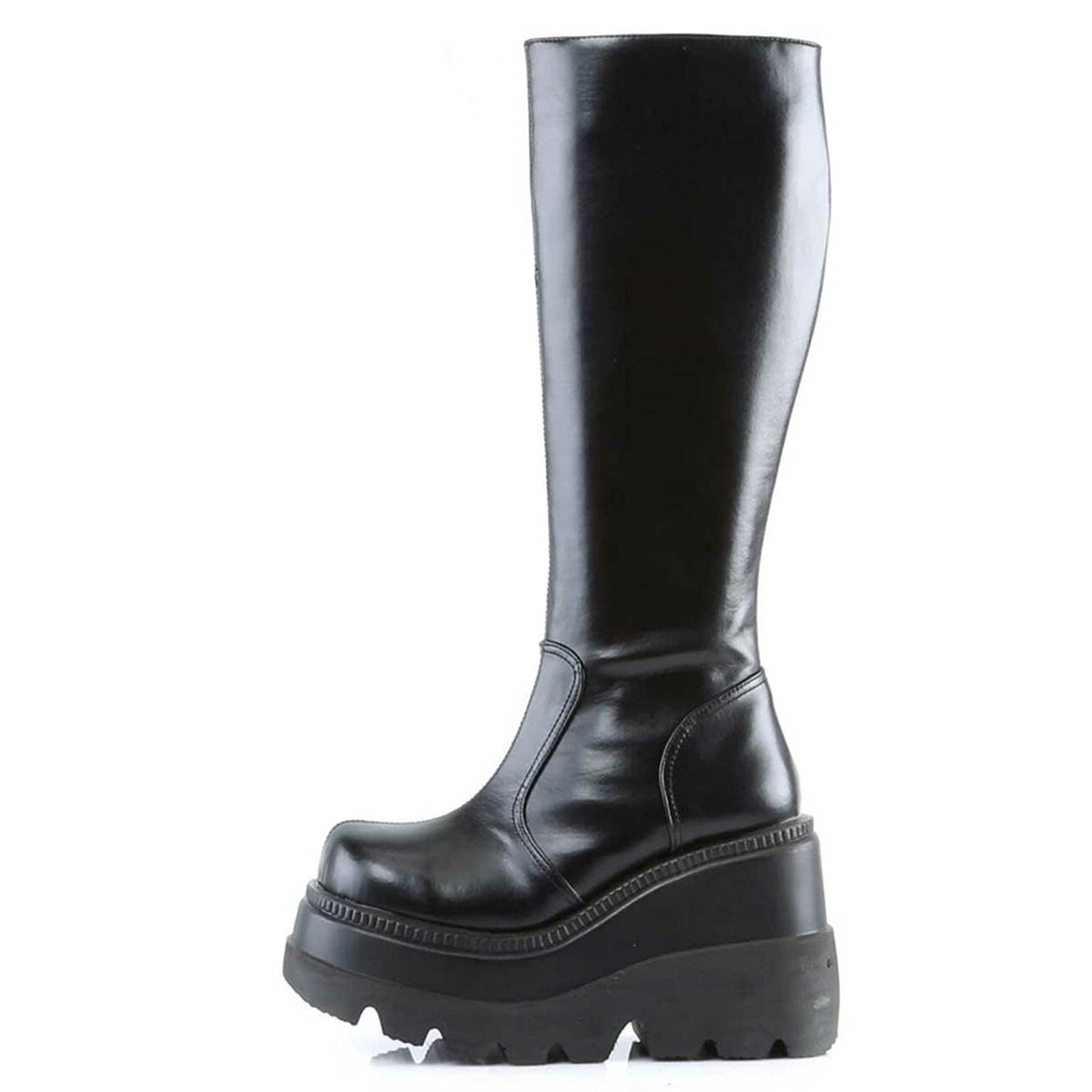 Platform Goth Boots for Women Wedges Heels Mid Calf Boots Gothic Combat Motorcycle Riding Boots with Side Zip, 5black (Side Zip), 10