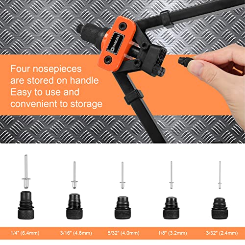 Hardell Rivet Gun, 14" Manual Hand Riveter With 100 Pcs Rivets, Heavy Duty Riveter With 5 Nosepieces For Plastic Metal Leather Vehicle #TOP2