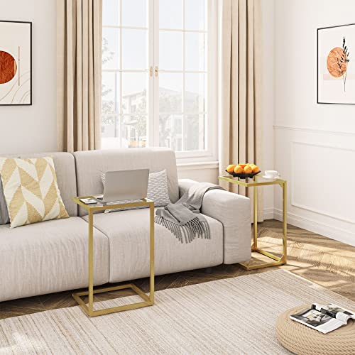Hoobro C-Shaped End Table, Tempered Glass Couch Table With Metal Frame, Narrow Snack Side Table For Small Space, Living Room, Bedroom, Modern And Simple, Gold Gd04Sf01 #TOP3