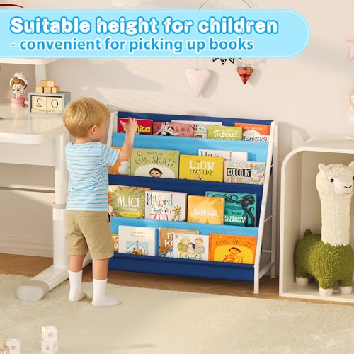 Image of Aokitsink Kid Bookshelf for Kids Rooms, 4-Tier Blue Montessori Bookshelf,Toddler Children Bookshelf,Metal Kid's Book Storage Organizer for Boys Room Furniture Playroom Kindergarten