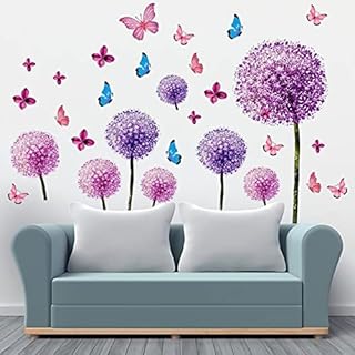 Offfay Dandelion Wall Stickers, Flower Wall Stickers, Purple Dandelion Wall Decals, Wall Art Stickers, Flower Window Stickers for Bedroom, Living Room, Kids Girls Room Decoration