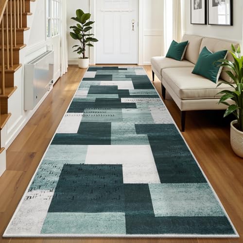 2x6 Checkered Rug Runner Rugs for Hallway, Low-Pile Long Flat Print Plaid Area Rug, Washable Non-Slip Carpet for Living Room Bedside Entryway Hall Bedroom, Green & Gray by Ecoshag - Used condition - CA$24.43
