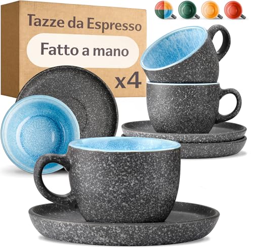 Servizio Caffè Limoge: La Classifica dei Più Venduti nel 2025 2 Cosumy Set di 4 Tazzine da Espresso con Piattini - 90ml in Ceramica Gres Spesso con Smalto Reattivo Artigianale – Mantiene il Calore a Lungo (Blu)