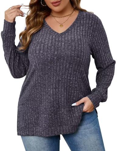 Image of MONNURO Women's Oversized Sweater V Neck Tunic Sweater with Split Hem Long Sleeve Ribbed Pullover Sweater(Heather Black,2X)
